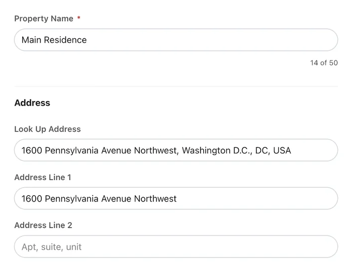 The Home Asset Vault add property form, with a property name and an address looked up from a single search field.