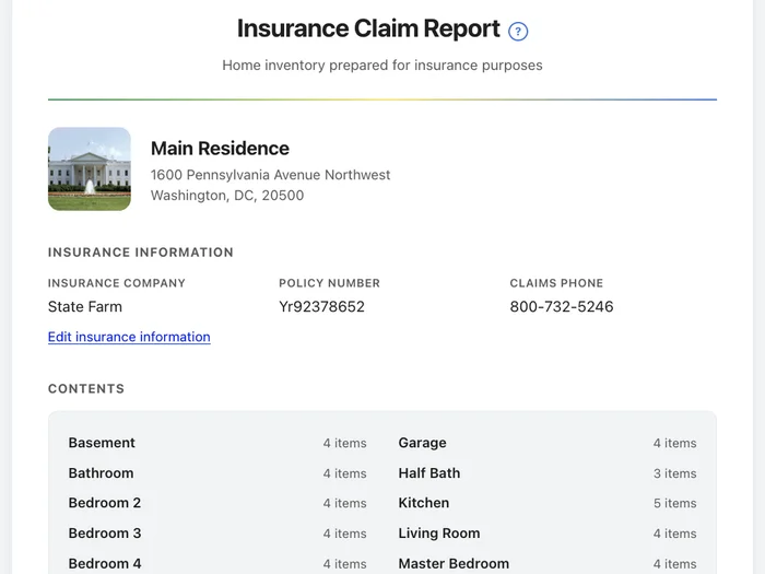 The Home Asset Vault Insurance Claim Report with property details, insurance information, and a contents list by room.