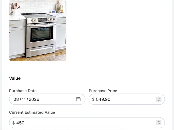 An item in Home Asset Vault showing a photo of a kitchen range with purchase date, purchase price, and estimated value fields.